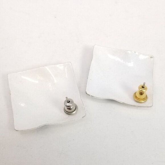 Vintage Retro Blue and White Enamel Square Shape Stud Earrings, 80s Style - Picture 3 of 5